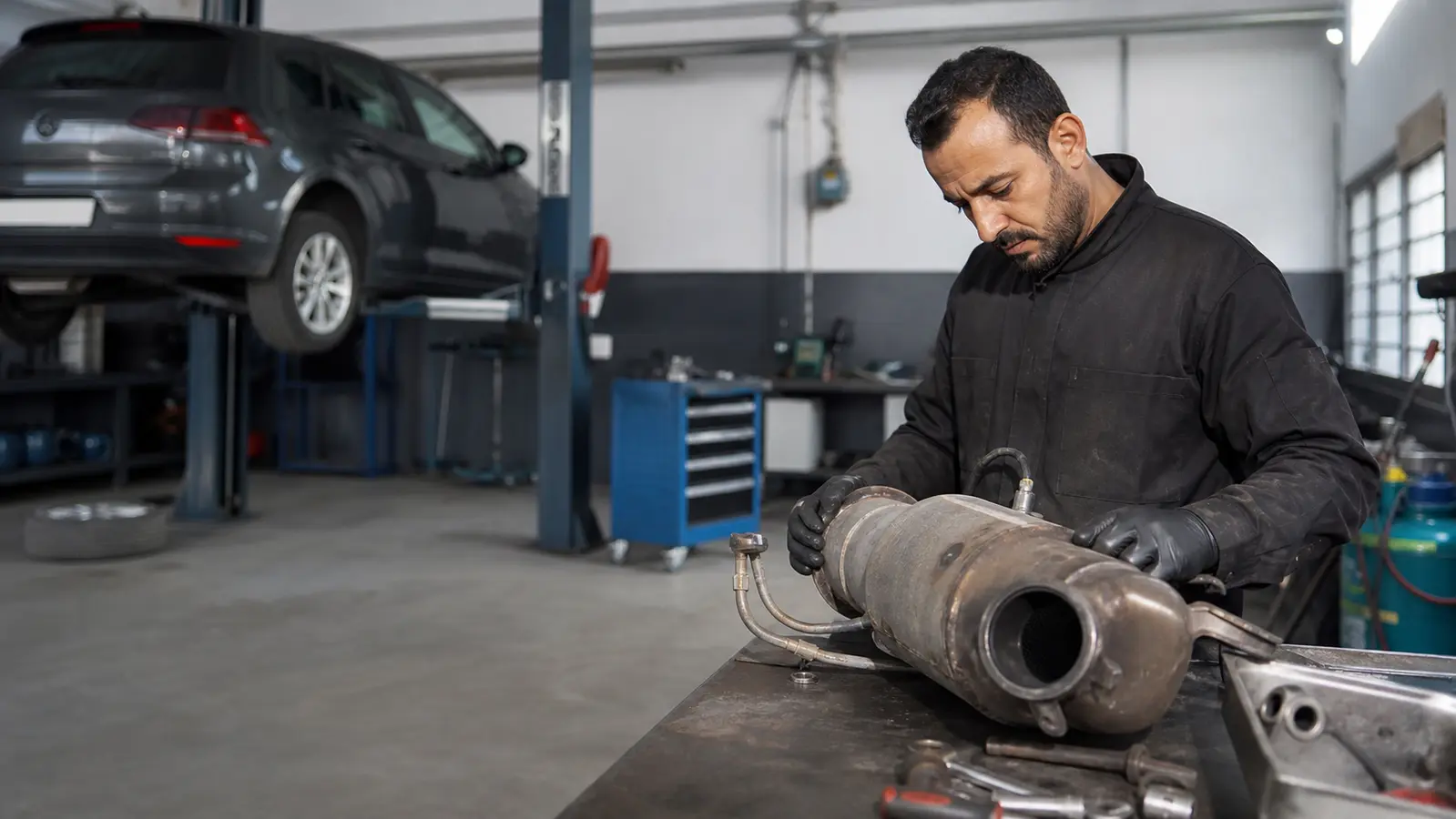 Technicien inspectant un filtre à particules dans un atelier automobile au Maroc